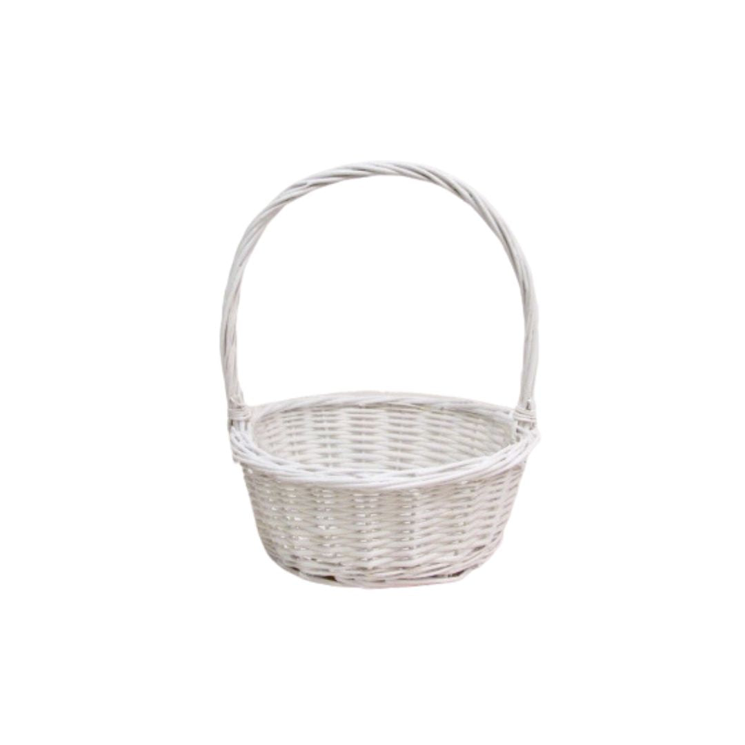 Round White Wood Basket With Folding Handle - Potomac Floral Wholesale